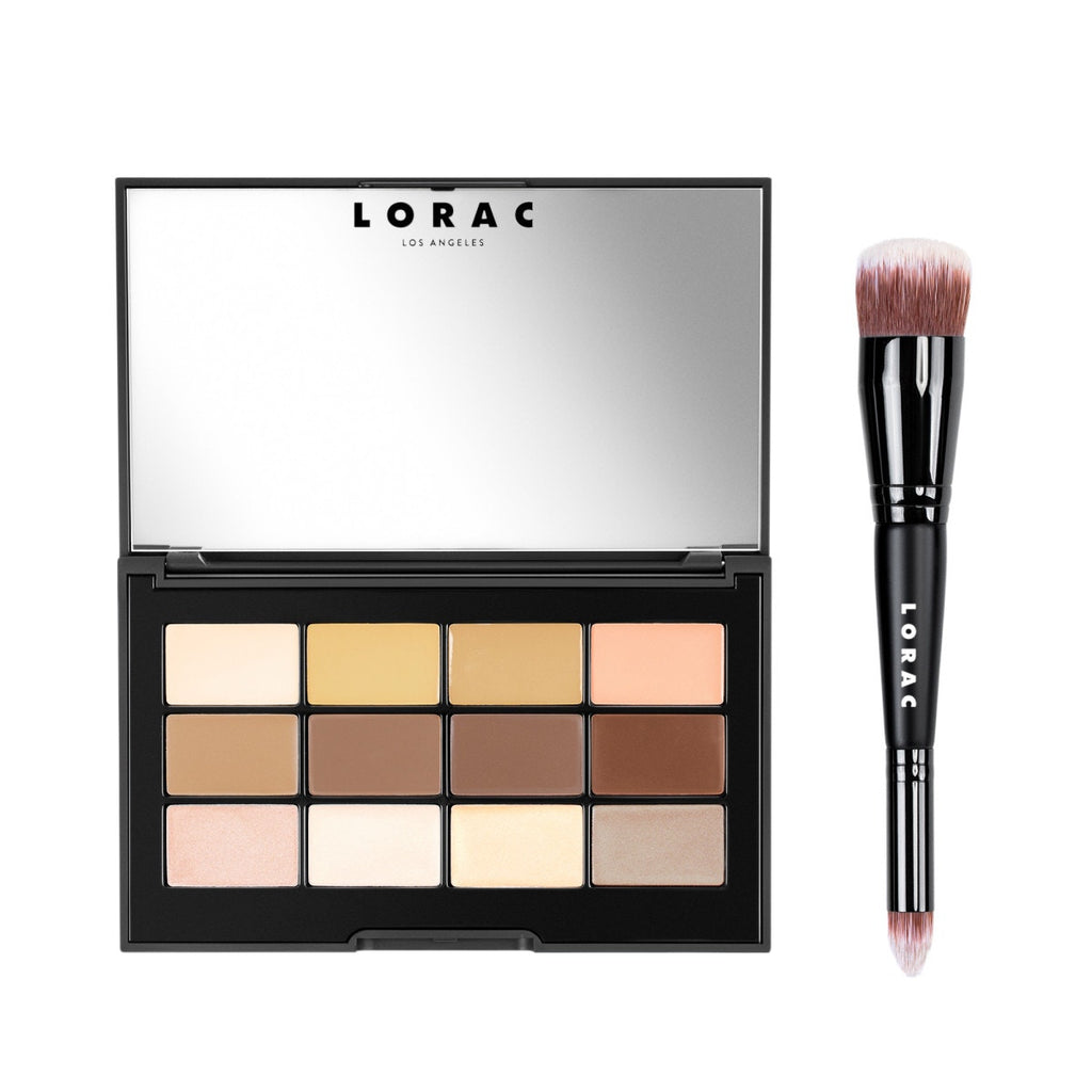 LORAC | PRO Conceal & Contour Palette - Cream Contour Palette with Brush - Product front facing with lid open and applicator