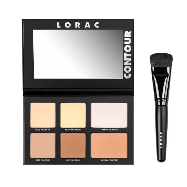 LORAC | PRO Contour Palette & PRO Contour Brush - Product front facing with lid open and applicator