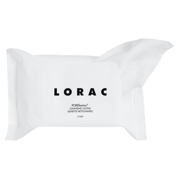 LORAC | POREfection Cleansing Cloths | Product front facing with a wipe sticking out on a white background
