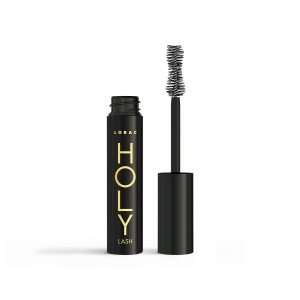 Holy Lash Volumizing Mascara | LORAC | Product front facing lip off with applicator to the side of tube
